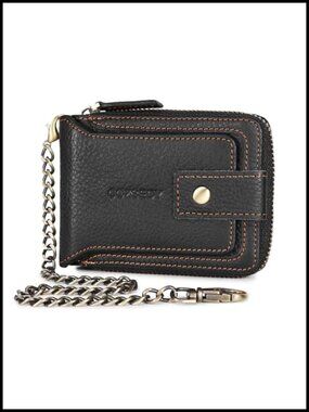Men's RFID Blocking Leather Chain Wallet with Zipper Coin Pocket Bifold